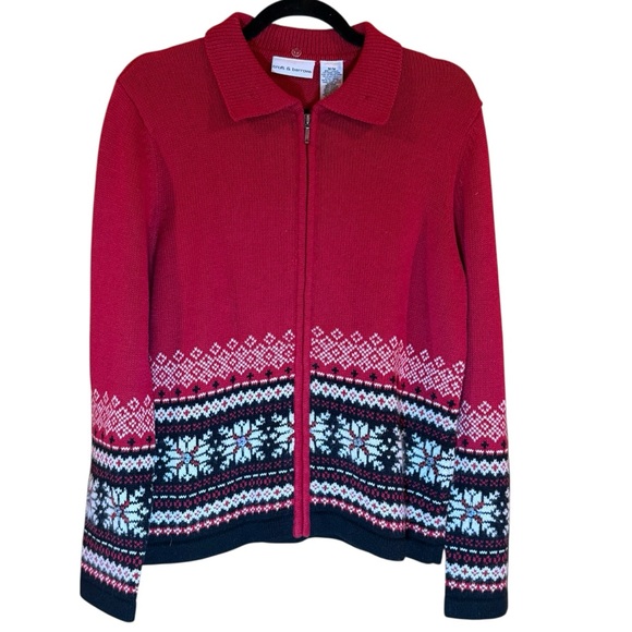 Fair Isle Red Black White  Zip-Up Festive Cardigan Sweater with Sequins Medium - Picture 3 of 11